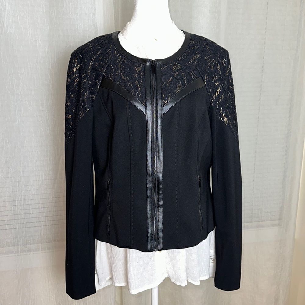 Cache 14 Black Gold Metallic Lace Inset Leather Trim Knit Full Zip Blazer Jacket